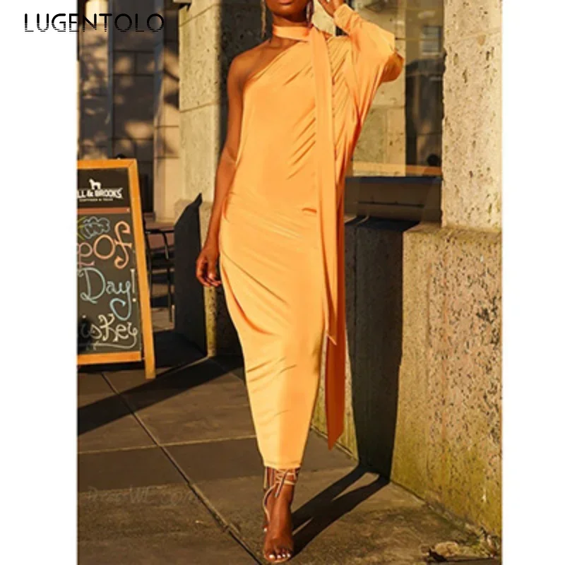 

Женское сексуальное платье с бретелькой на шее, вечерние, нерегулярные, тонкие, желтые, с косыми плечами, женское, с высокой талией, элегантная летняя длинная одежда