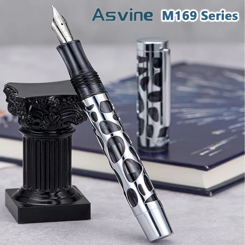 Asvine M169 Acrylic Dropper Fountain Pen Luxury Transparent Metal Skeleton Writing Ink Pens Stationery Office School Supplies