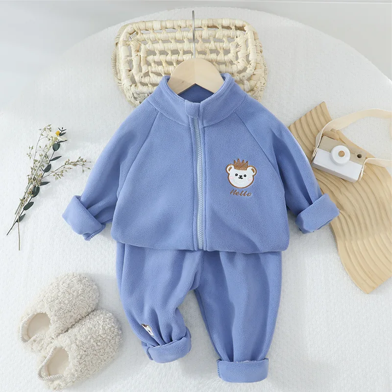 Autumn 2024 Children Boy 2PCS Clothes Set Cotton Bear Printed Zipper Coat Loose Velvet Soft Elastic Waist Pant Baby Girl Outfits