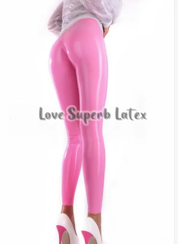 

Латексные тонкие розовые леггинсы с белой отделкой, женские сексуальные резиновые брюки, брюки без молнии, фетиш-латексный наряд, вечеринка на Хэллоуин