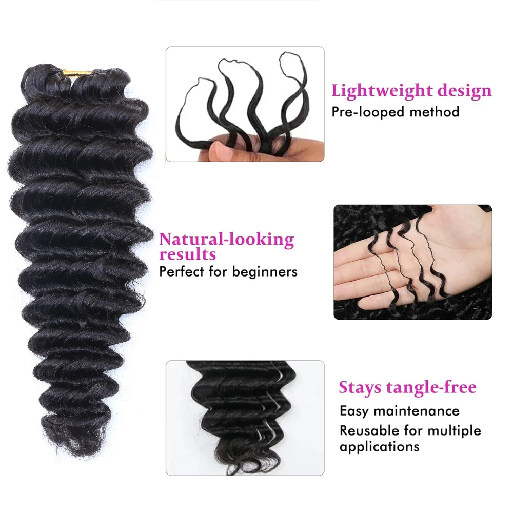Natural Black Deep Wave Feather Crochet Human Hair Bundles 100% Human Hair Pre-Separated Knotless Feather Extension Invisible Boho Braid Hair Deep Curly Braiding Extensions Soft Real Human Hair Bulk for Women Ladies Various Fashion Braided Hairstyles - view 3