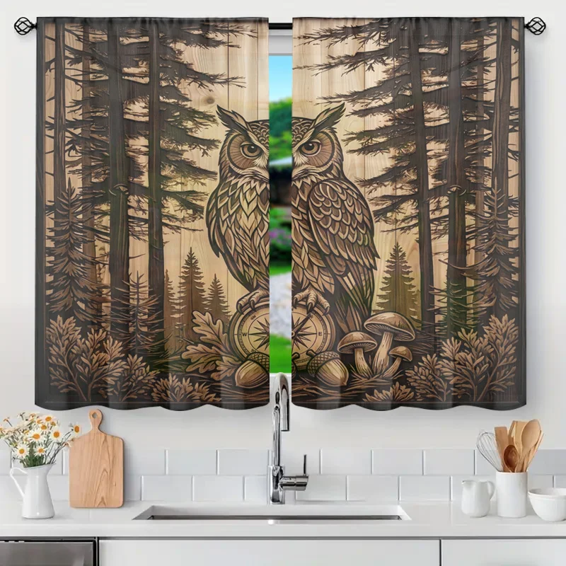 Rustic Forest Woodland Owl Curtain Semi-Sheer Nature Window Drapes for Cabin Cottage Core Home Decor Background Panels
