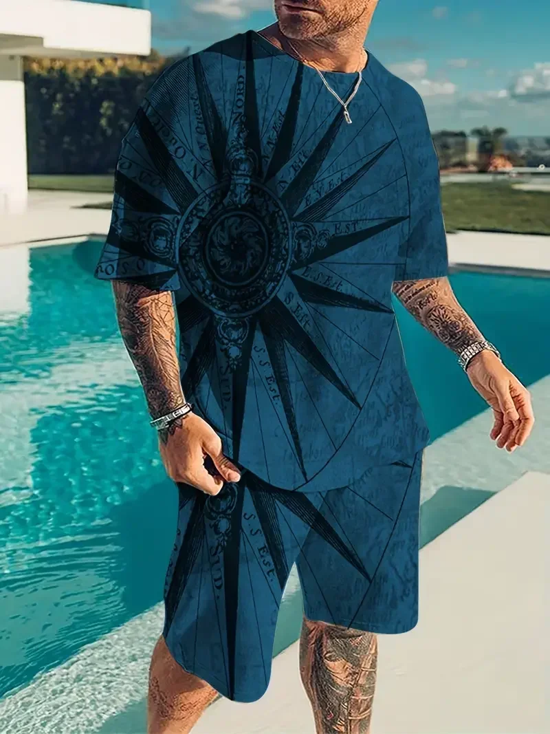 

2024 New Fashionable Men's Beach Shorts Set 3D Printed Hip Hop Trendy Short Sleeve T-shirt Shorts 2-piece Set Summer Set