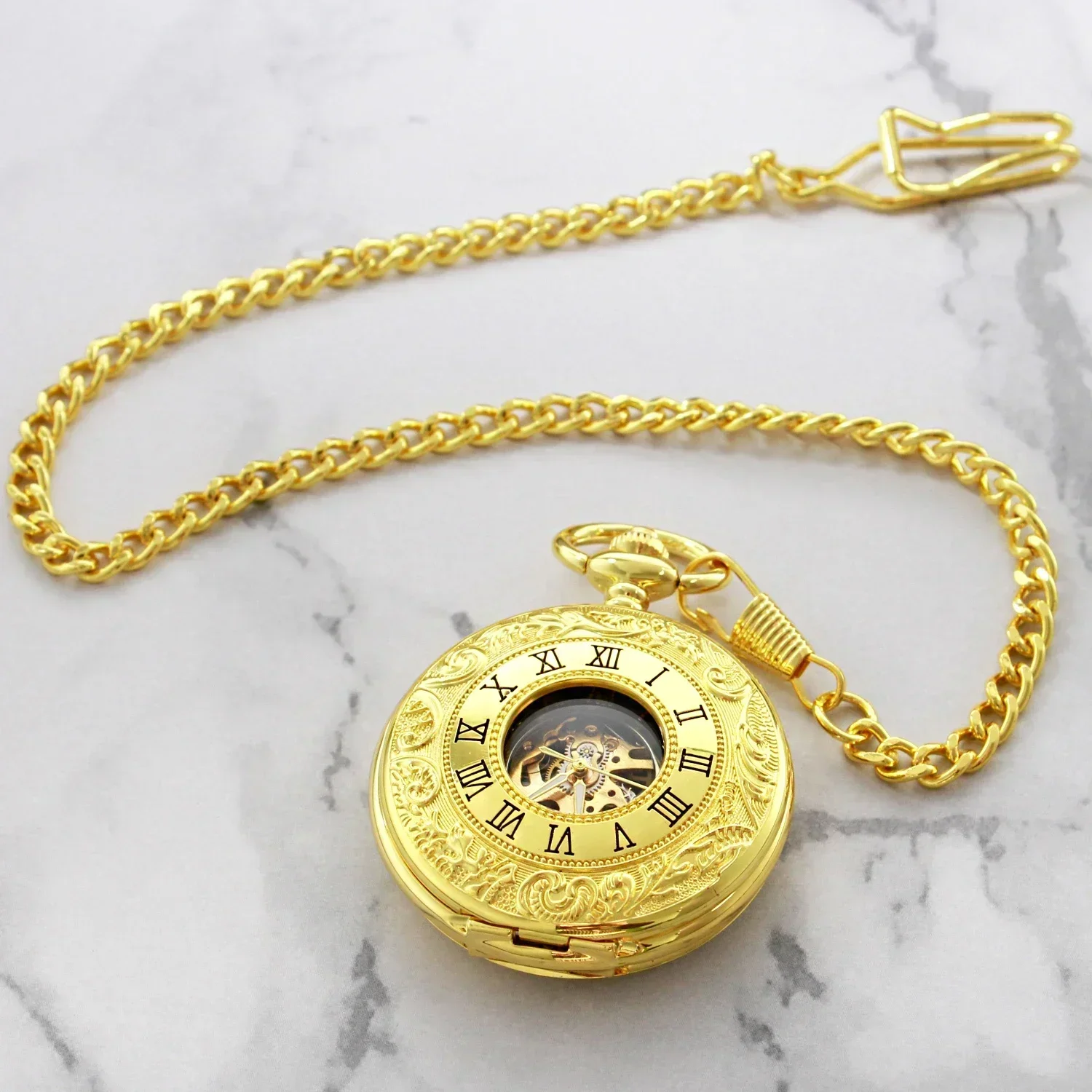 Luxury Gold Mechanical Hand Wind Pocket Watches Vintage 2 Sides Open Case Men's Pendant Watch Gift