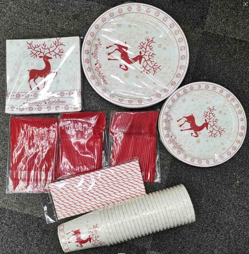 215Pcs Christmas Party Supplies Disposable Dinnerware Set,    Includes Plates, Cups, Christmas Tableware, Napkins, Serve 25