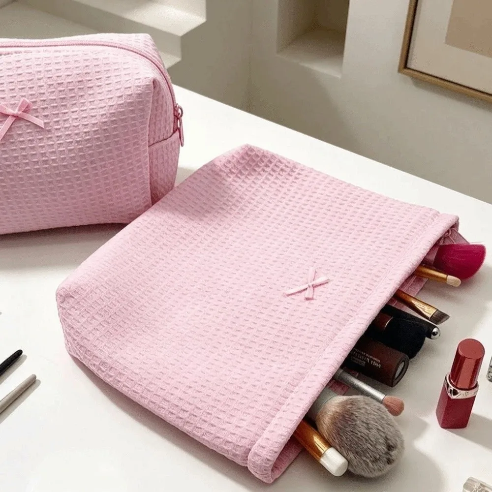Cute Bow Decor Waffle Knit Makeup Bag Large Capacity Lightweight Cosmetic Bag Portable Polyester Toiletry Organizer Daily