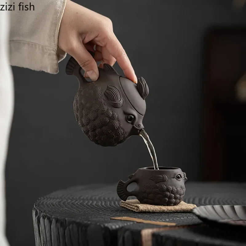 250ml Puffer Fish Purple Clay Pot Handmade Teapots Kung Fu Teaware Kettle Ornaments Tea Pets Ceramics Tea Pots Tea Making Tools