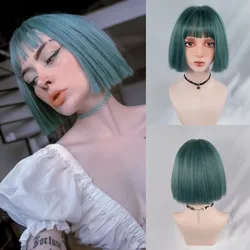 Short Bob Straight Synthetic Blonde Wig With Bangs Girl Female Crochet Hair Silver White Pink Orange Wig