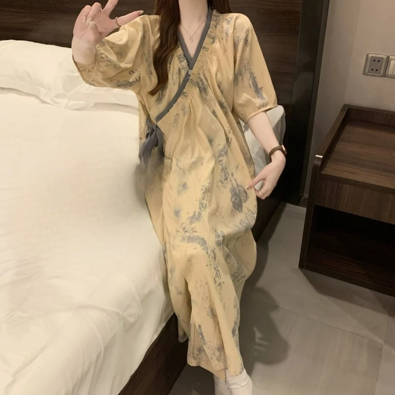 

New Ink Wash Fanghua New Pajamas Home Style Bathrobes High-end Lace-up Loungewear Summer Skin-friendly Comfortable Breathable