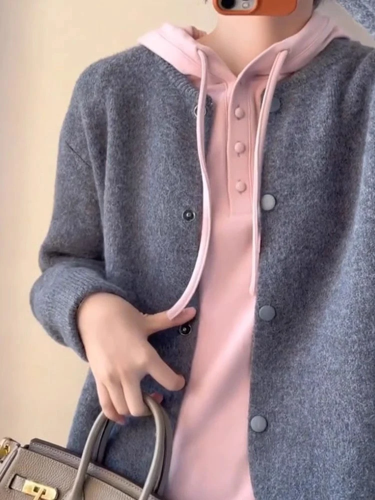 

Свободная толстовка-худи женская, повседневная, с пуговицами, однотонная, модная, осенняя новинка, удобная кофта