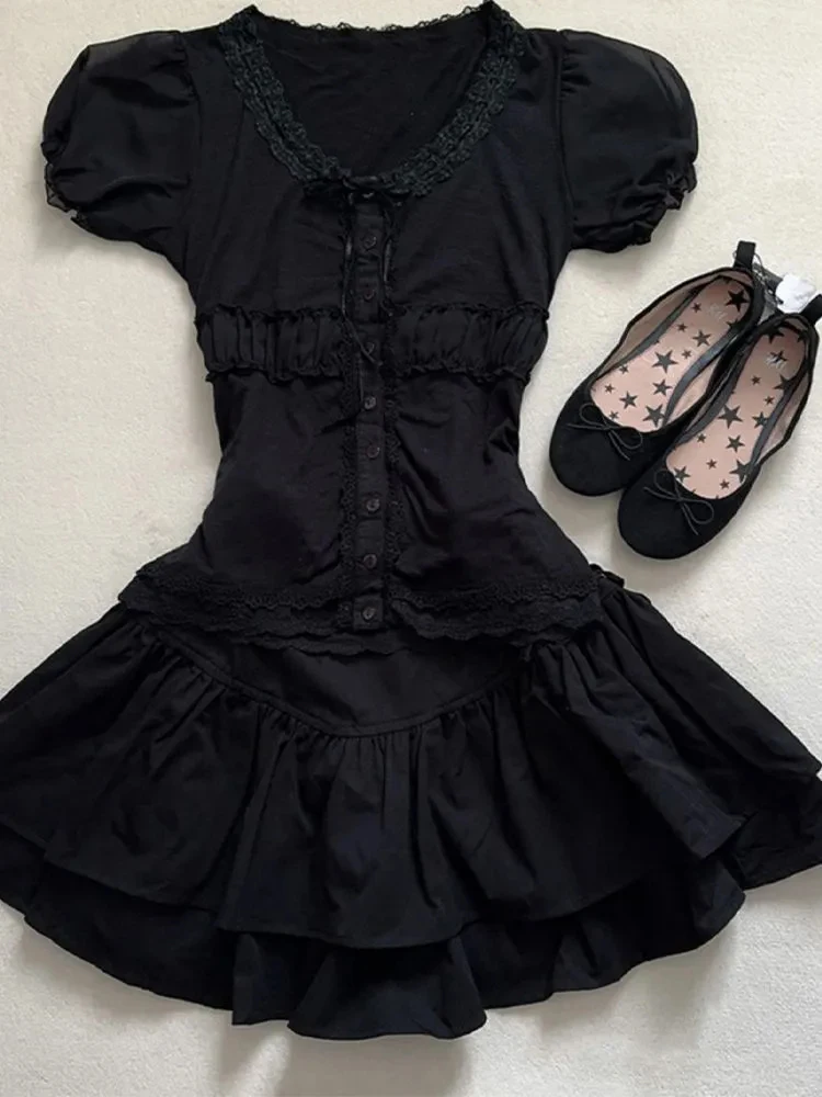 Robes 2 pièces t-shirt dentelle croix Goth Grunge robe de soirée femmes Punk robe d'été Y2k 2000s douce fille taille haute jupe courte