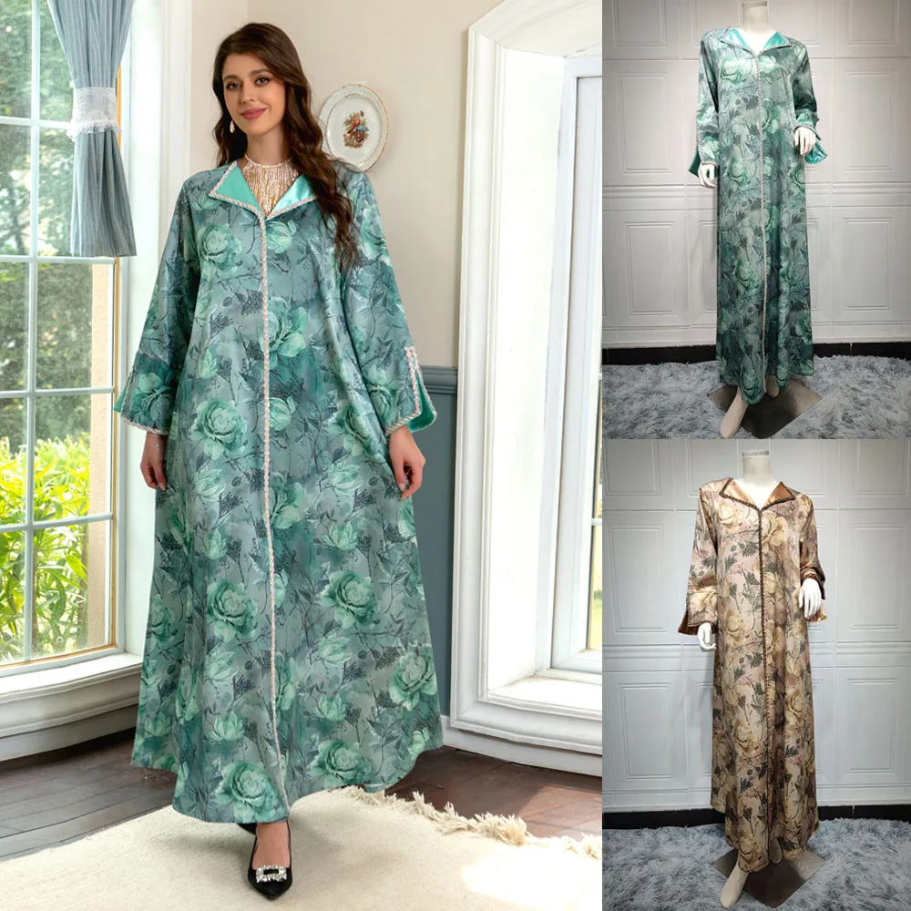 

Dubai Abaya Luxury For Muslim Women Diamonds V-Neck Long Dresses Elegant Casual Floral Print 2024 Spring Maxi Dress Wear Ramadan