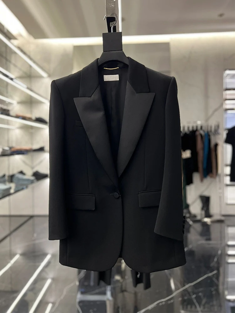 

Черный женский пиджак в повседневном стиле, элегантный, модный, для делового повседневного образа, из полиэфирного волокна, с длинными рукавами, на пуговицах
