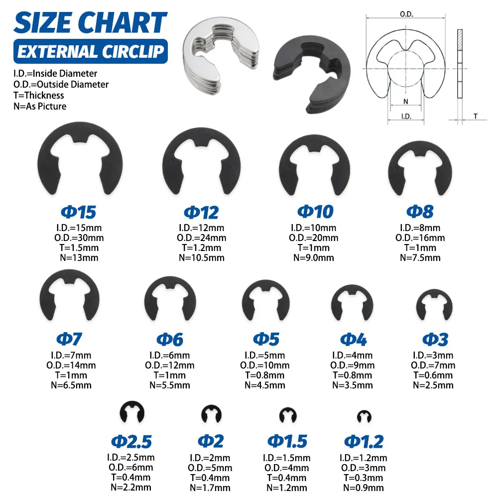 290Pcs E Clip Circlip Washer Assortment Kit Stainless / Alloy Steel Circlip External Retaining Ring for Shaft Fastener 1.2-15mm