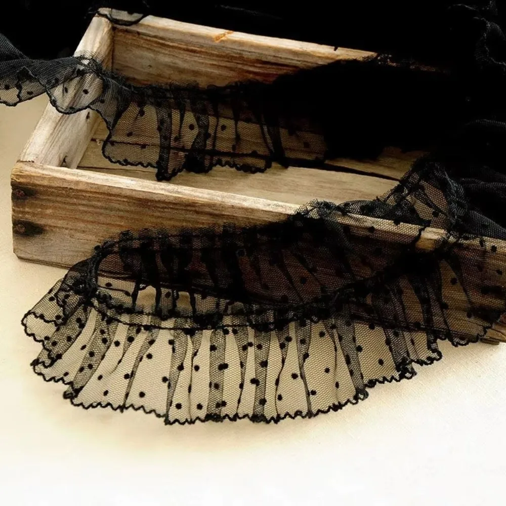 Retro Black/White Mesh Lace Trim Vintage Elegant Polka Dot Mesh Ribbon DIY Tulle Pleated Lace Trim Dress Accessories
