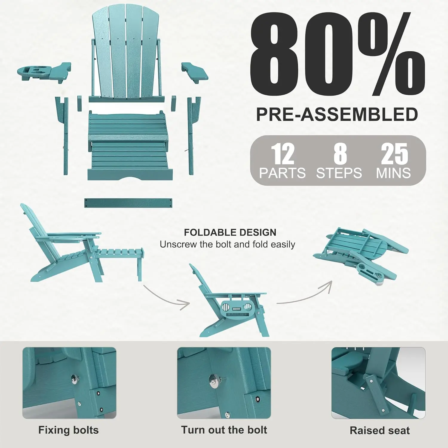 Adjustable Adirondack Chair with Retractable Ottoman Set of 2, HDPE Folding Adirondack Chair with Cup Holder, All Weather Fire