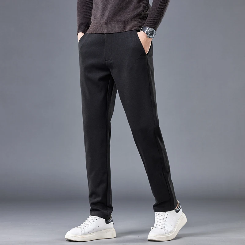 High Quality Autumn Winter Stripe Men\'s Suit Pants Elastic Waist Business Grey Stretch Thick Korea Office Formal Trousers Male