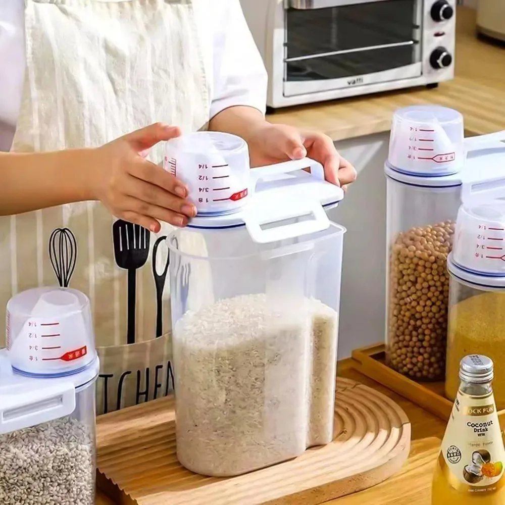 حاوية تخزين الطعام الجاف من الأرز، حاوية حفظ الطعام خالية من مادة BPA، موزع حاوية بلاستيكية محكمة الغلق مع كوب قياس الصب #2