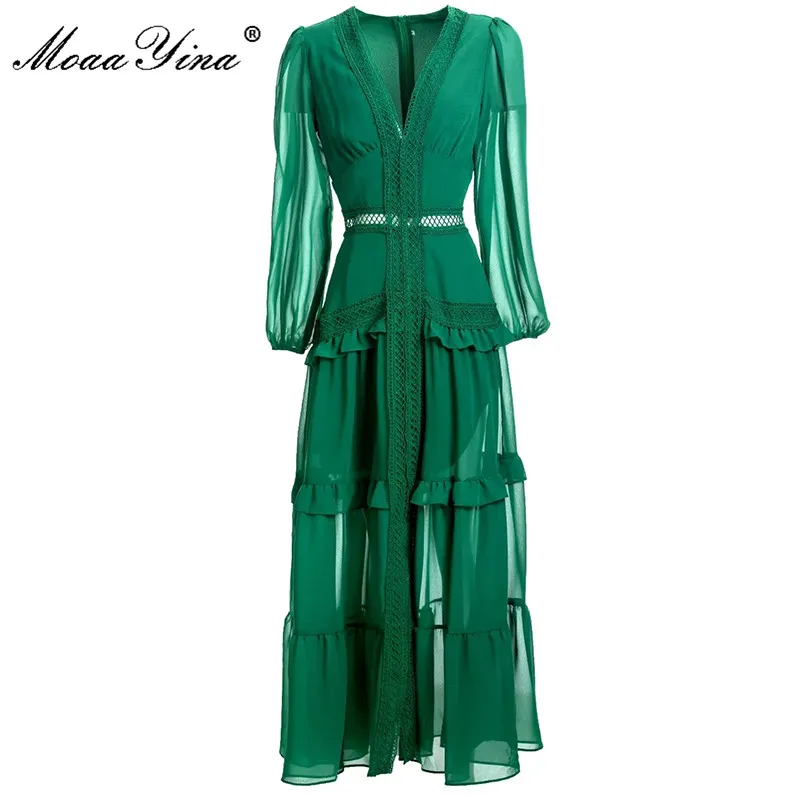 

MoaaYina Fashion Designer dress Autumn Women's Dress V-Neck Lantern sleeve Ruffles Hollow out Solid Green Long Dresses