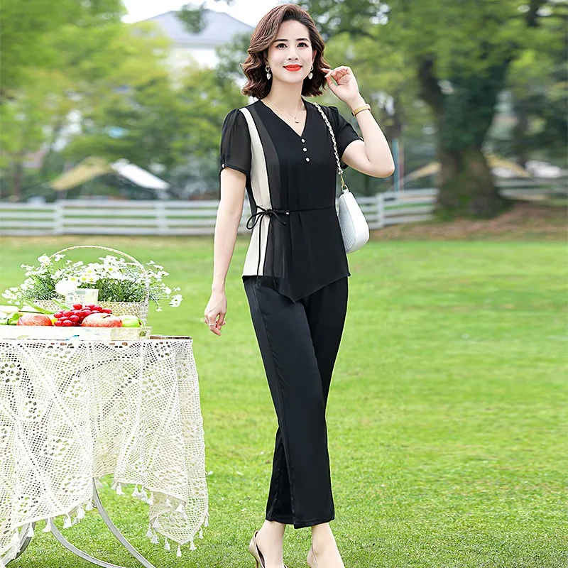 Spring Summer Elegant 2 Piece Pant Sets Women V-neck Tops & Pants Outfits Fashion splicing Workwear Pant Set