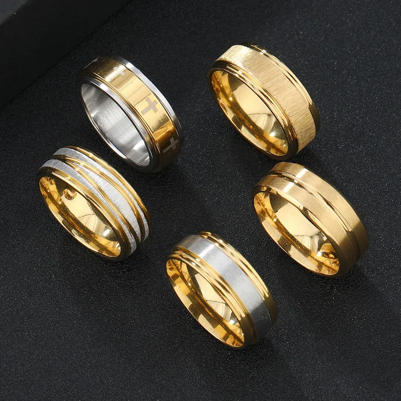 Two‑tone Gold Silver Stainless Steel Band Rings For Men, Brushed Inlay & Cross Engraved Detail, Multi‑style Wide Rings For Male