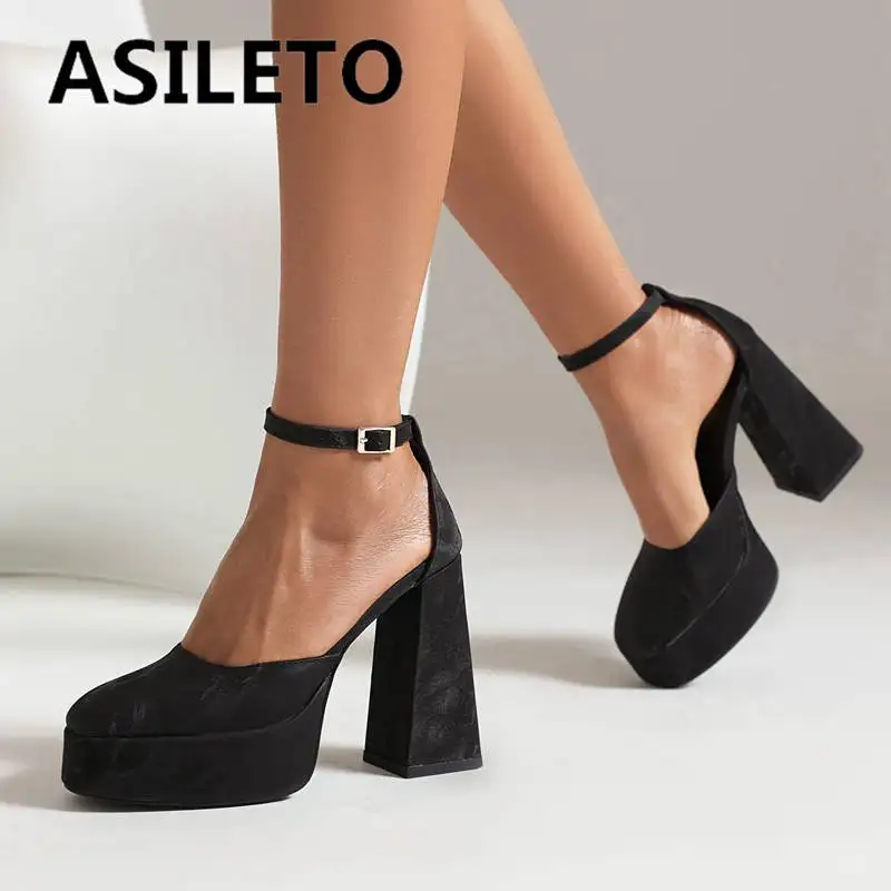 ASILETO Ladies Pumps Flock Square Toe Chunky Heel 12cm Platform 3.5cm Buckle Strap Sexy Party Shoes Plus Size 41 42 43