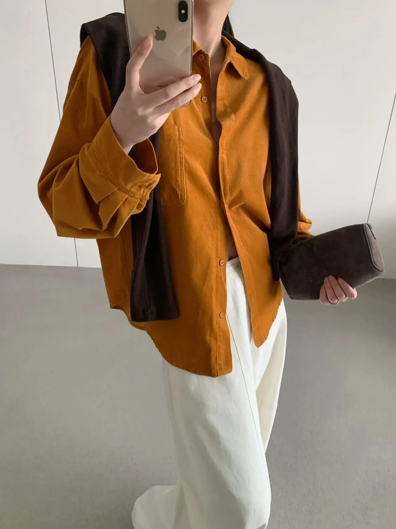 

Korean Sle Simple Turn-down Collar Loose Women's Long Sve Corduroy irt Fall Winter Layering Clothing MM320