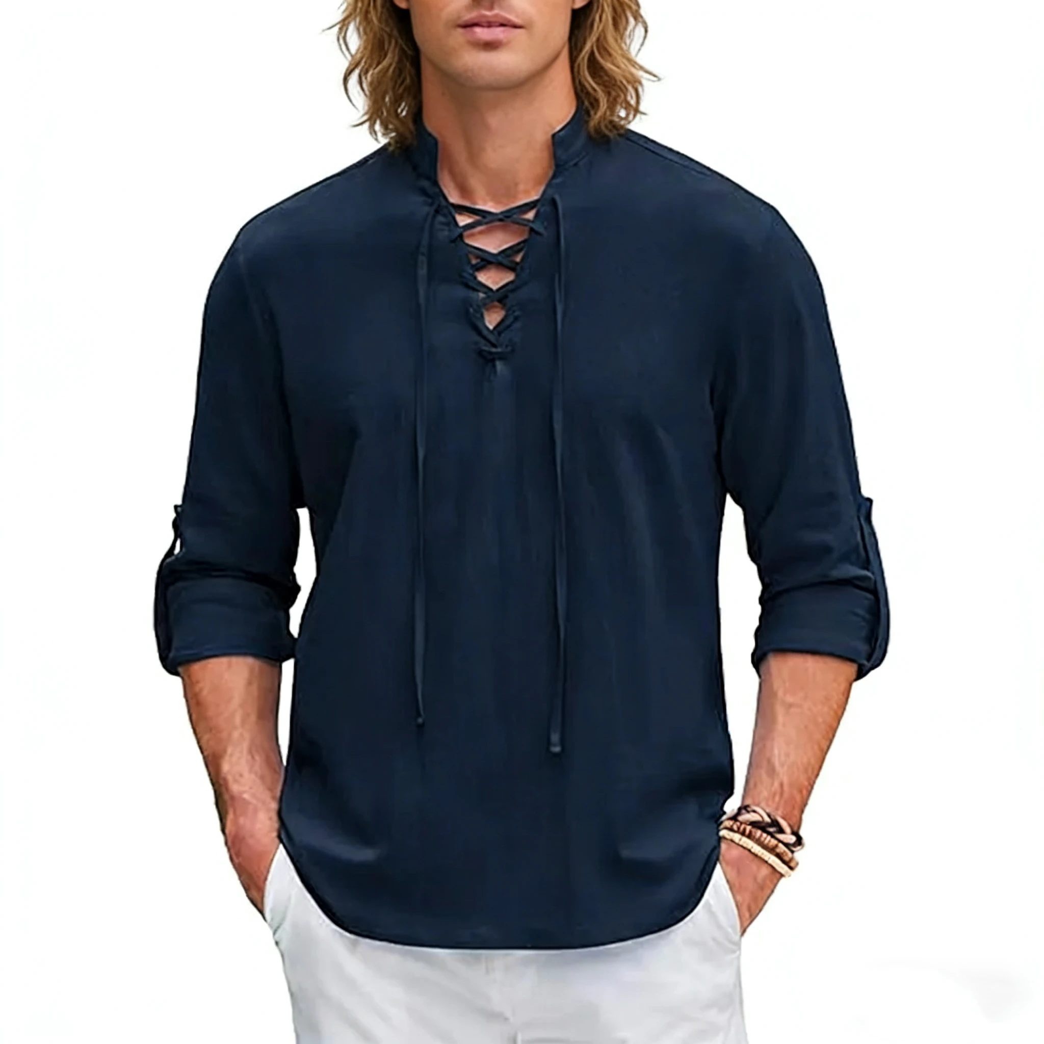 New Men's Renaissance Shirt Casual Men Cotton Linen loose Long Sleeve Tshirt Spring Autumn Vintage Shirt US Size Drawstring Neck