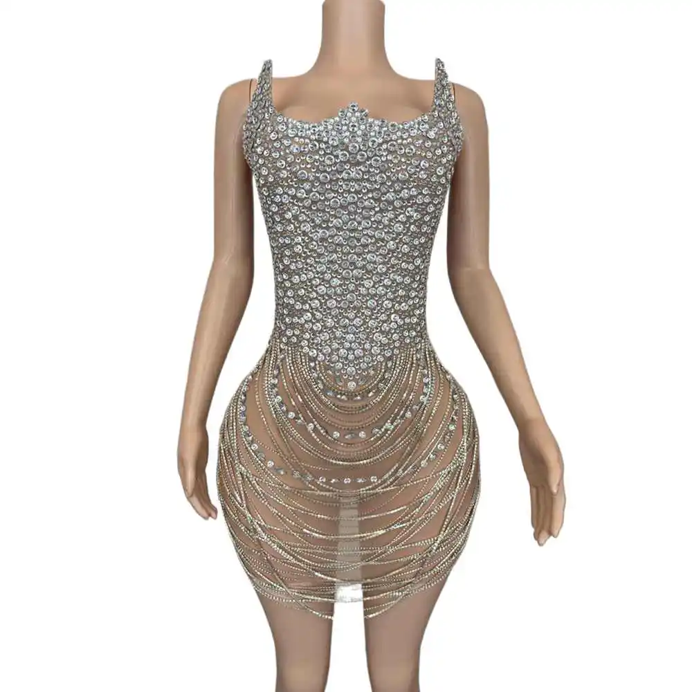 Błyszczące cyrkonie Łańcuchy Krótka sukienka dla kobiet Seksowna siateczka Przezroczysta wieczorowa impreza Prom Sukienka urodzinowa Strój do sesji zdjęciowej