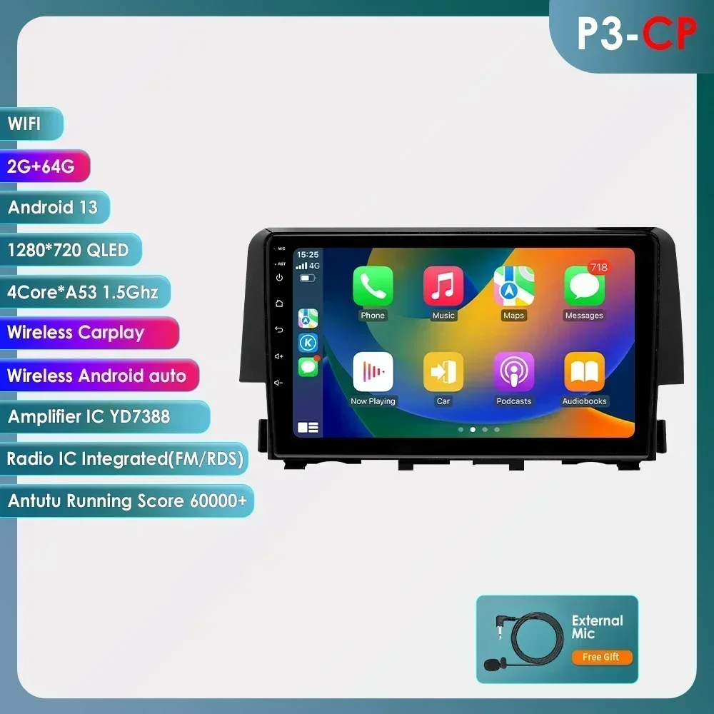 Hizpo Android 14 Auto Multimedia DSP Voor Honda Civic 10e 2016-2021 Radio Video Navigatie Stereo Head Unit QLED scherm Carplay
