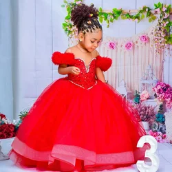 Red Flower Girl Dresses Kids Birthday Dresses Off Shoulder Sequins Ruffles Tiered Tulle First Communion Ball Gowns for Wedding