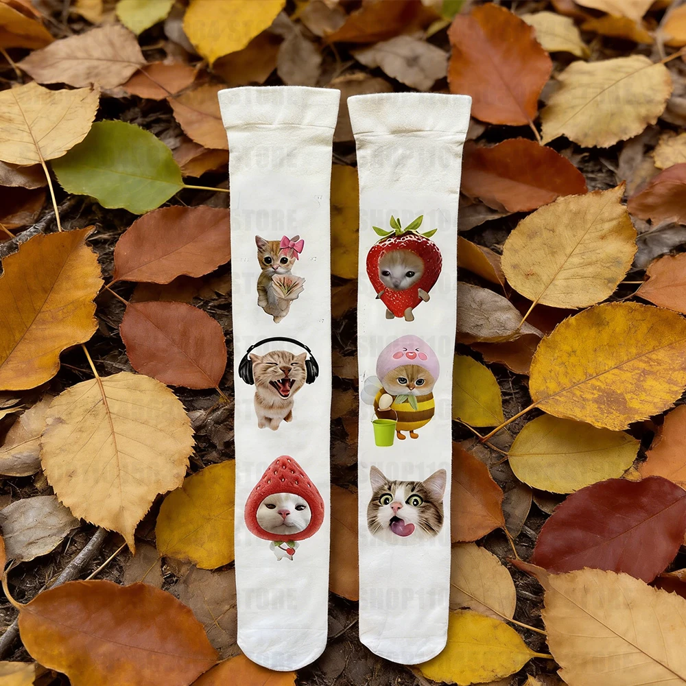 Y2K Cute Cat Printed Women's White Over Knee Socks Simple Multi functional Kawaii Japanese Lolita Style Tight Pants