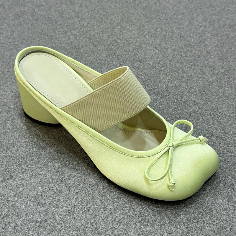 

Butterfly-Knot Handmade Square Apple Toe Slipper Women Outwear Elastic Band Strap Slip On Stretch Cloth Pumps Round High Heels