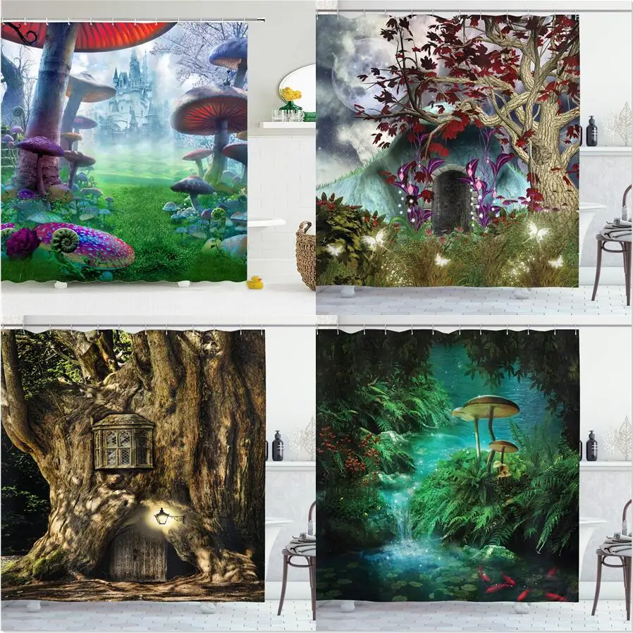 Fantasy Forest Shower Curtain Set Mystery Fairy Forest  Mushroom Flower Plant Home Bathroom Decor Curtains  Bath Accessory Set