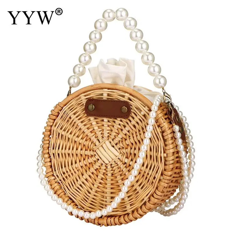 Natural Hand-woven Rectangular Wicker Handbag Round Retro Summer Beach Straw Tote Bag with Pearl Basket Casual Lady Wallet Purse