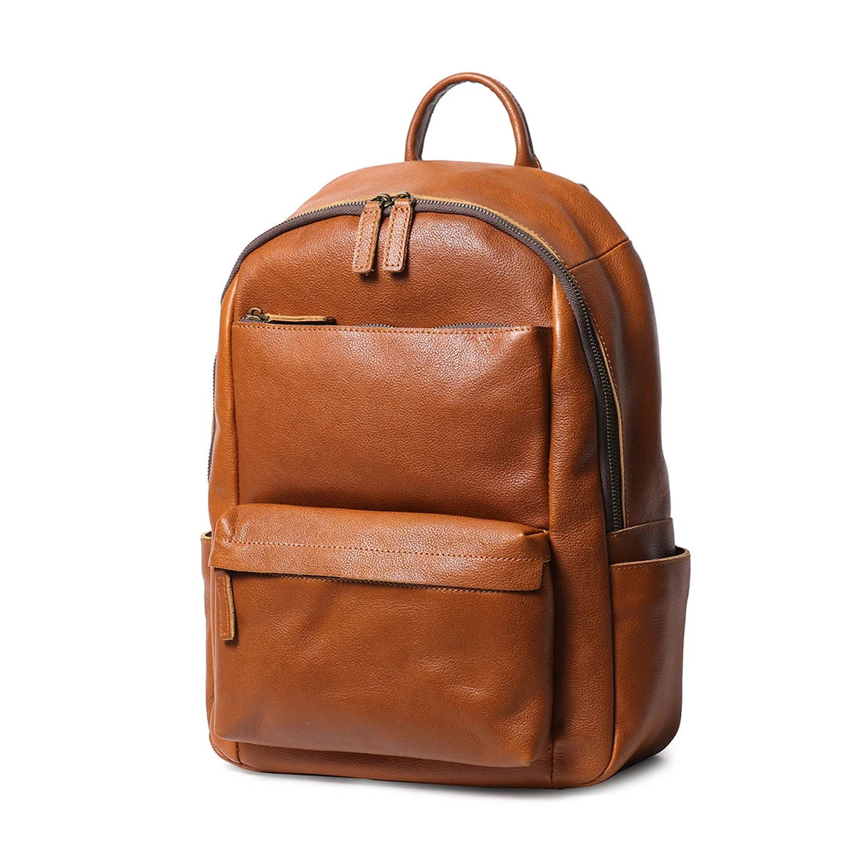 Vintage Genuine Cowhide Leather Backpack with Front Zipper Pocket Adjustable Shoulder Straps for Work Commute and Travel