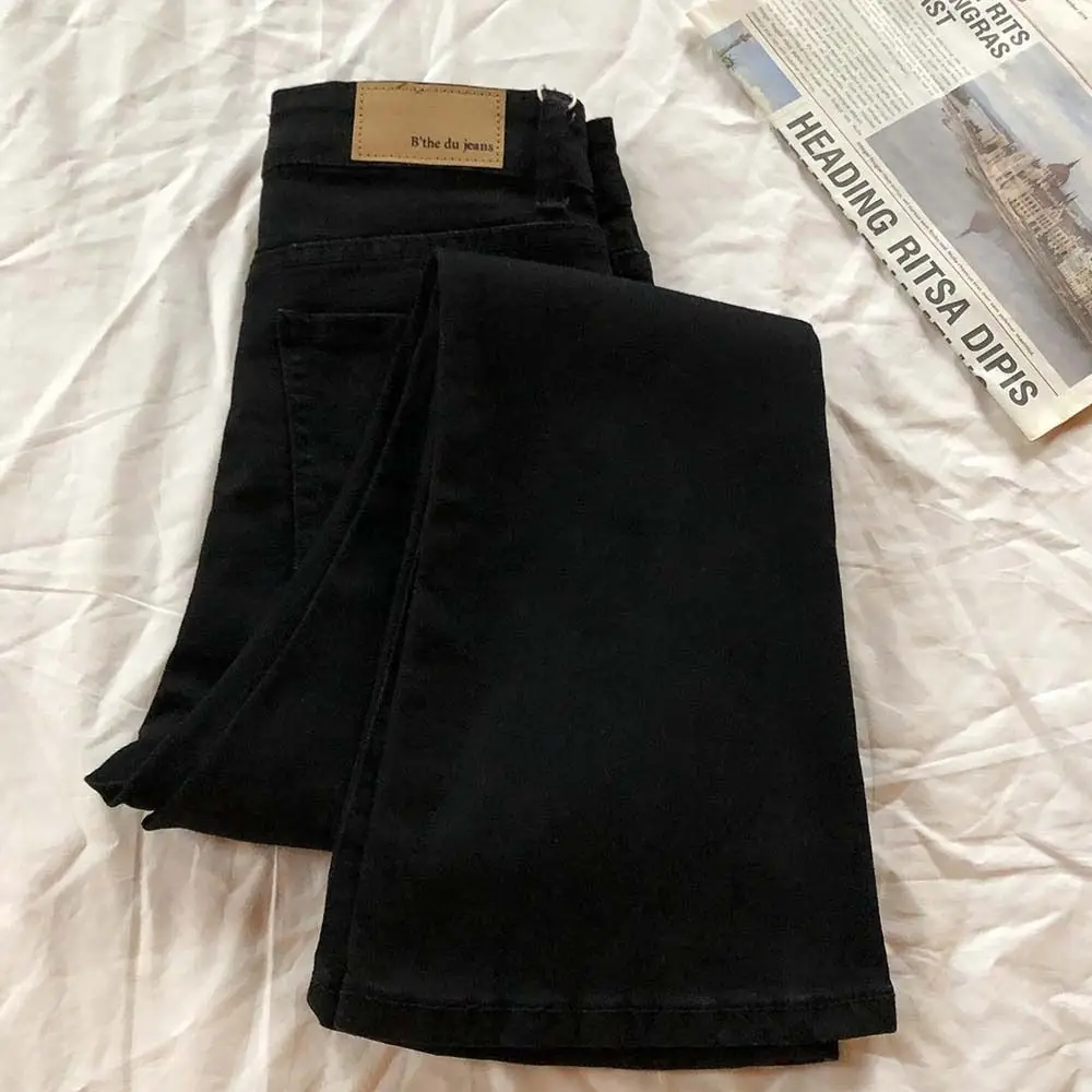 Elegant Skinny Pant Ladies Black Jeans High Waist Slimming Horn Trousers with Pocket Cowboy High Waist Flare Pants Spring Autumn