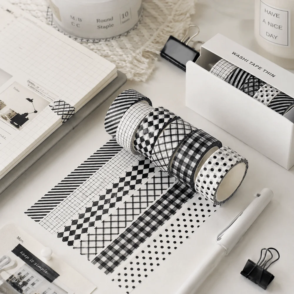 6Rolls Aesthetic Checkered Pattern Paper ， Dots DIY Masking Tape Colorful Stripe Craft Tape Surprise Gift For Friends