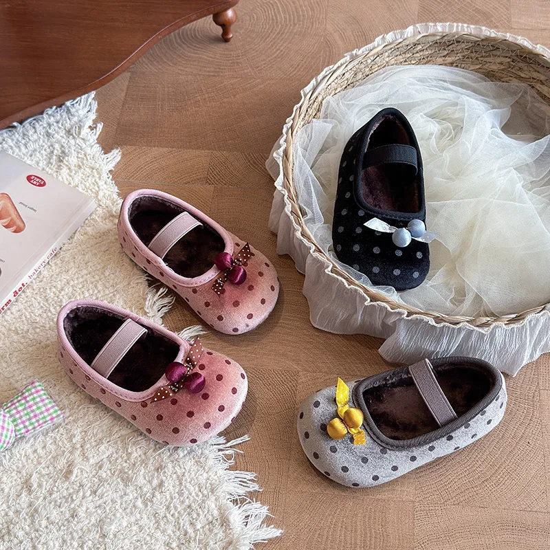 Girls' Casual Shoes, Polka Dot Princess Cute Bow Spring Autumn 2026 Suitable Toddlers, Medium Large Children Wedding Party