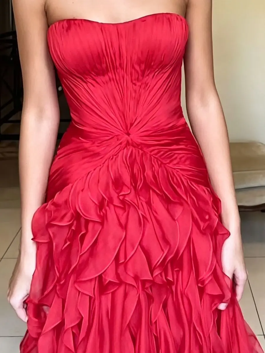 Fashion Sweetheart Long Train Evening Gown Women's Dress Cascad Ruffles Twist Knot Waist Cape Sleeve Back Zip Prom Dress Custom
