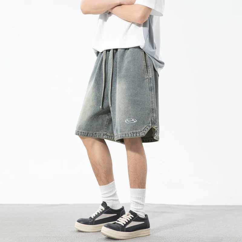 

Loose Fit Men's Denim orts Summer New American Trend Brand Contrast Stitching Five-Point Casual Loose Straight Tube Pants