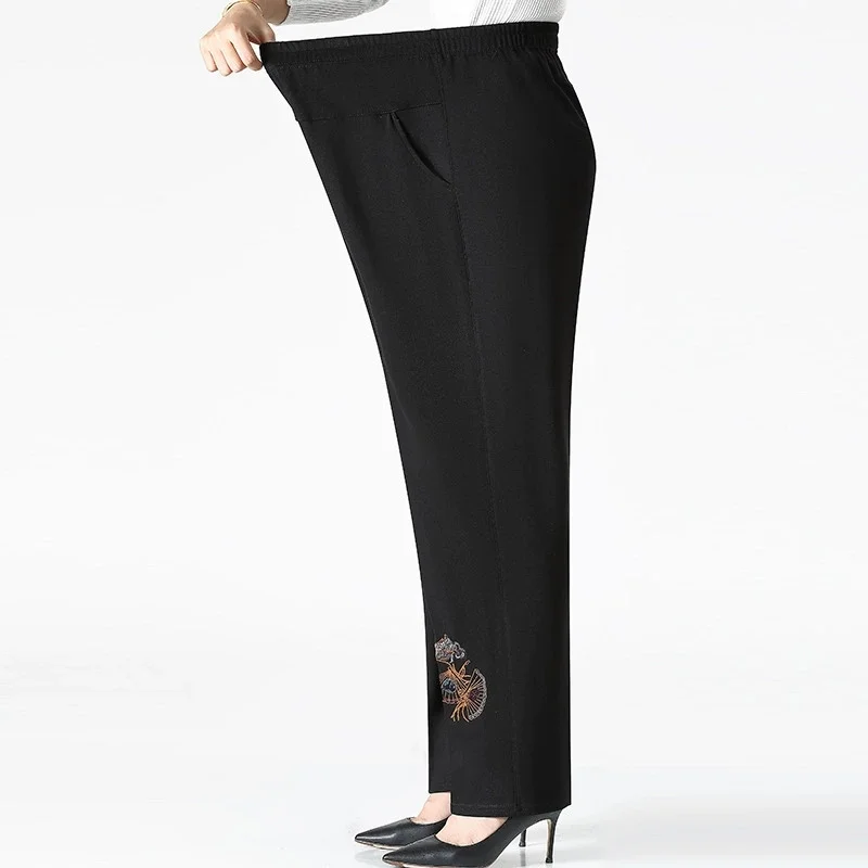 Autumn Winter Women Long Pants New Fashion Embroidered Elastic High Waist Casual Pants Middle-aged Female Straight Leg Pants