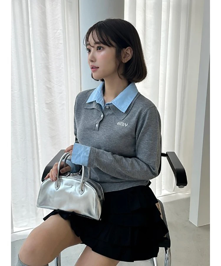 2025 Spring and Autumn Fashion Lady Japanese Style Fake Two-Piece Sweater Women's Polo Collar Knitted Long Sleeve Pullover Top