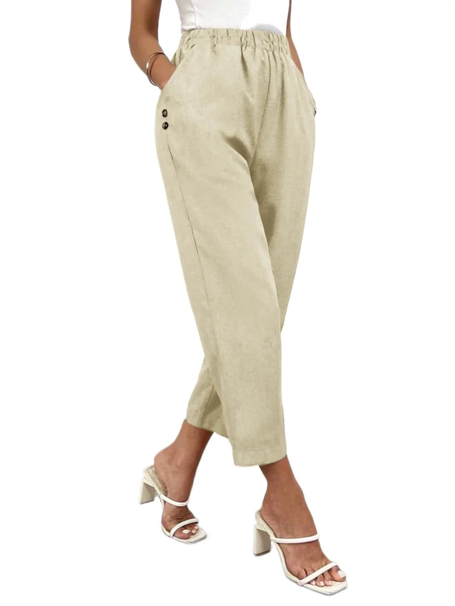 2026 2026 High Elastic Waist Button Pencil Pants for Women Casual Regular Fit Solid Office Trousers Spring Autumn Fashion Chic Wear - Aliexpress Deal