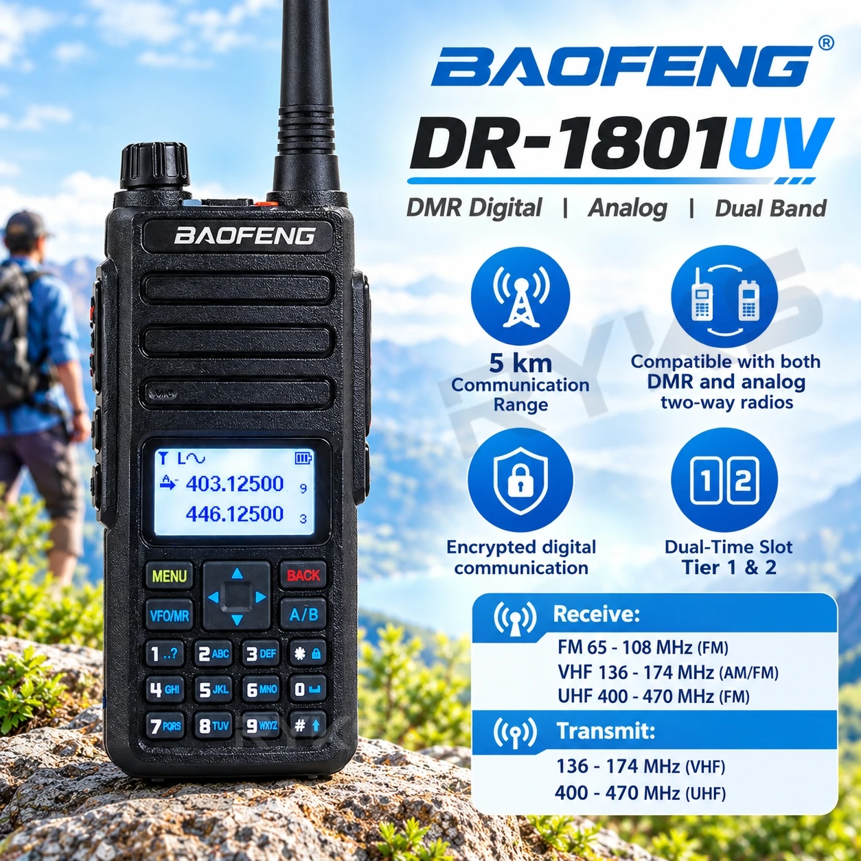 Baofeng Walkie Talkie Dmr Dr-1801Uv Digital+Analog 5Km Encrypted Communication Range Ham Radio Camping Wireless Set