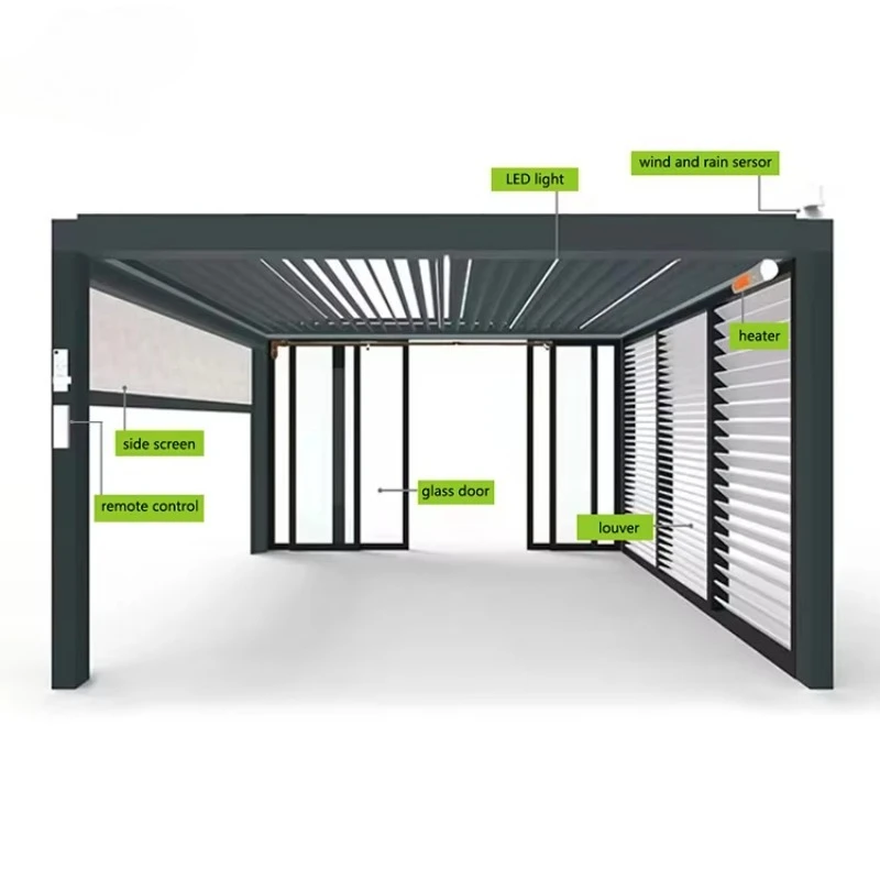 Luxury Electric Light Emitting Diode Roof Pavilion Aluminum Garden Outdoor Bioclimate Pergola Waterproof Flap Blinds Gazebo