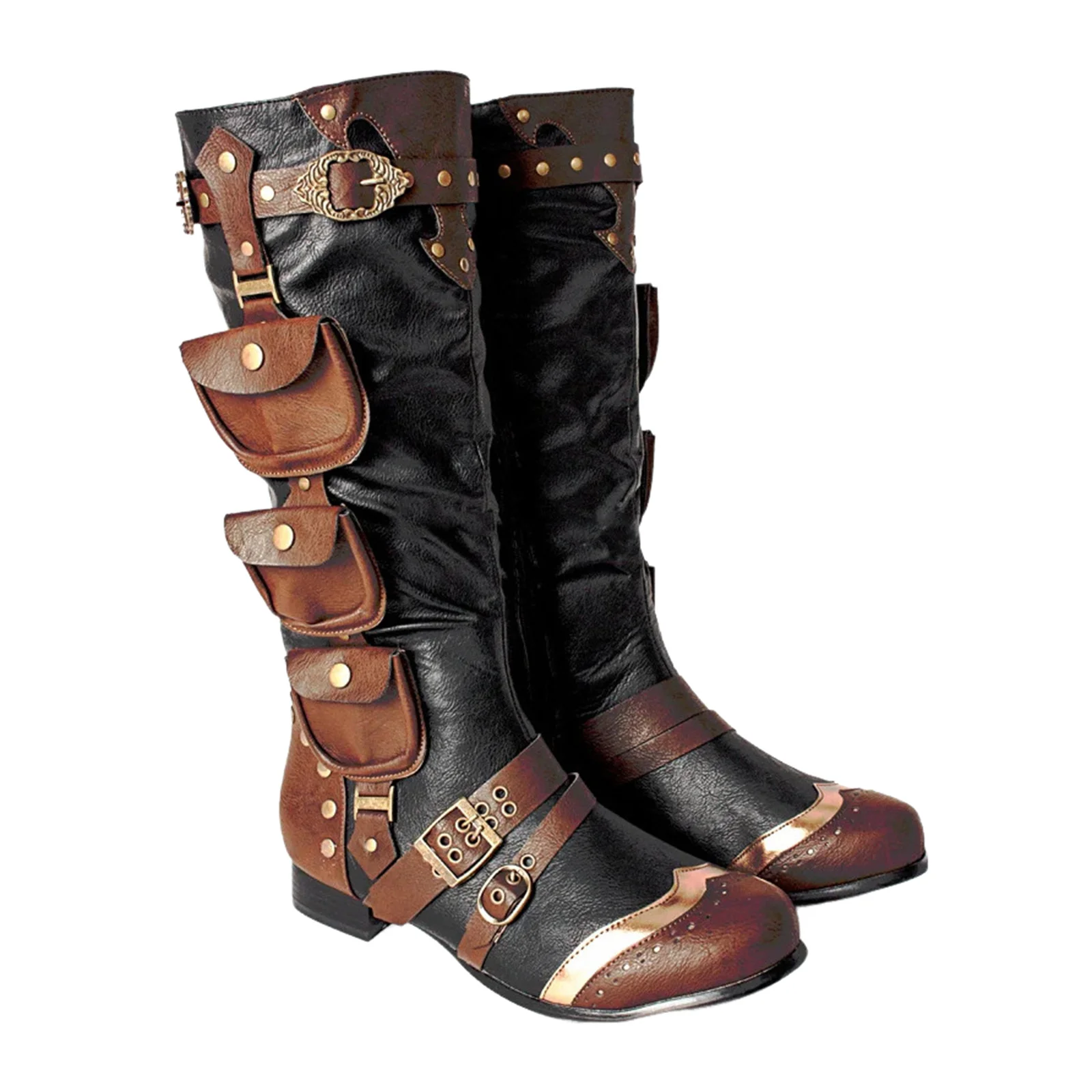 Bottes hautes rétro Steampunk médiévales avec poches, chaussures de pirate d'halloween pour hommes, Cosplay, hauteur des genoux, jeu de rôle