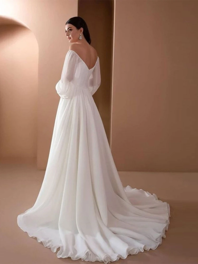 Women Elegant Wedding Evening Dress Puff Long Sleeve Sexy Off Shoulder V-Neck Ruched White Maxi Floor Length Slim Gown