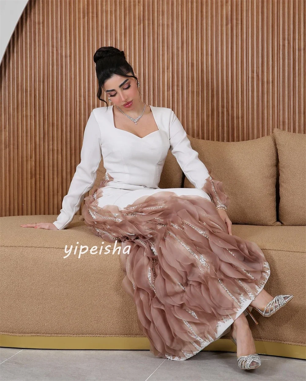 Customized Jersey Sequined Pleat Christmas A-line Square Neck Bespoke Occasion Gown Long Dresses