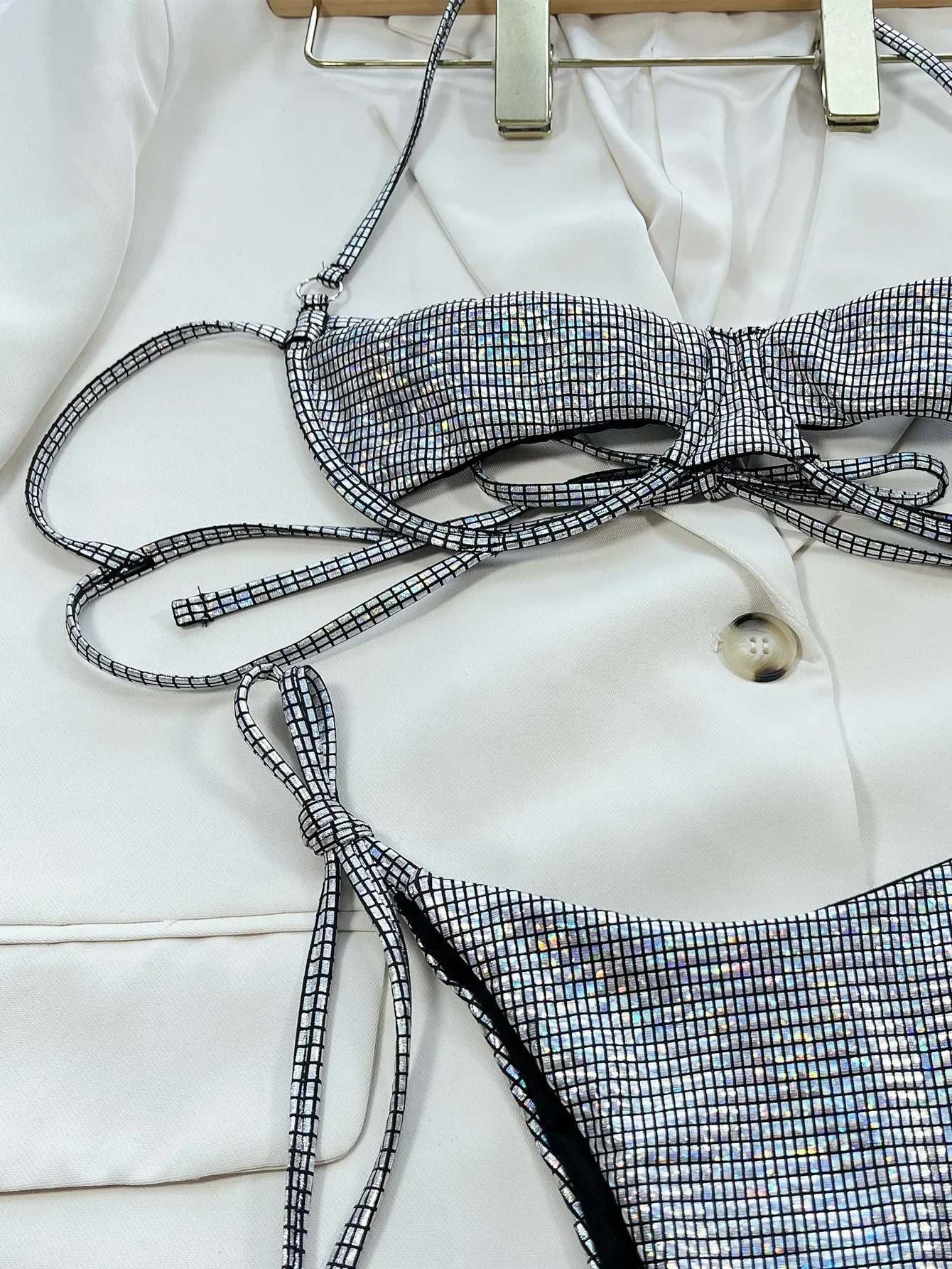 2024 신상 섹시 비키니 여성 푸쉬업 수영복 실버 홀터넥 플래드 비키니 세트 수영복 비치 비키니 여성